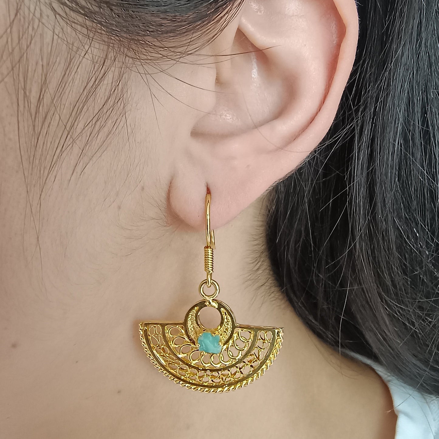 💚 Aretes Filigrana Nariguera abanico cultura Sinú con morralla esmeralda